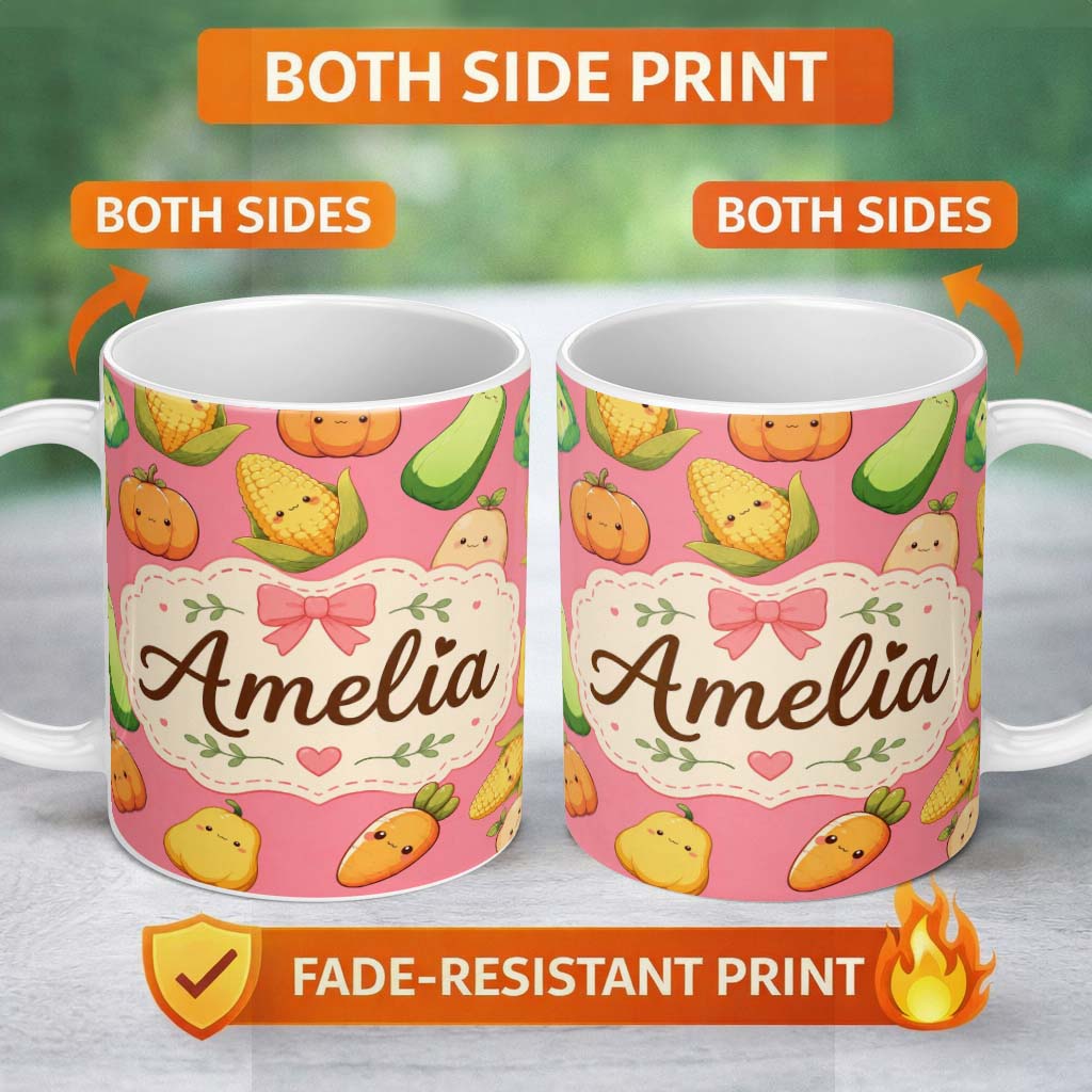 Personalized Custom Name Cute Kawaii Autumn Vegetables Corn Pumpkin Carrot Coral Seamless 11oz Ceramic Coffee Tea Mug White Large Handle