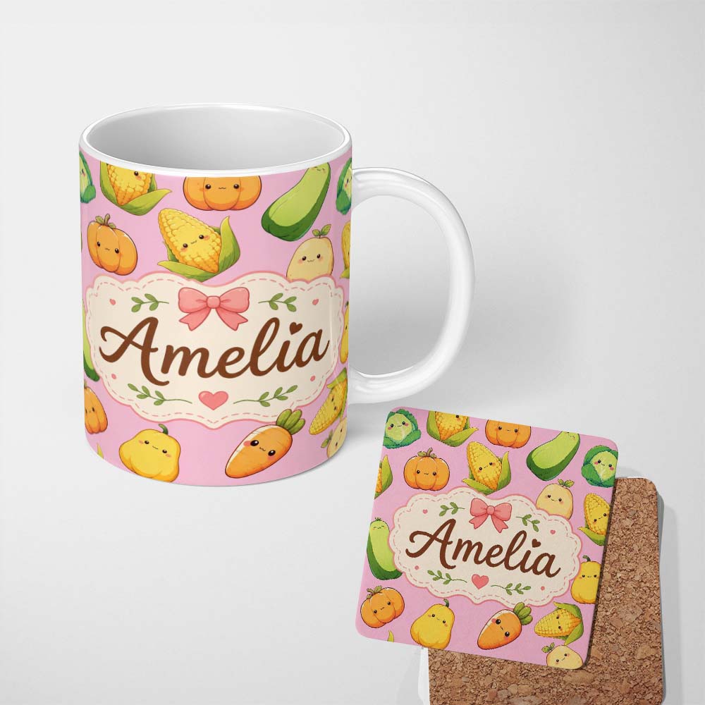 Personalized Custom Name Cute Kawaii Autumn Vegetables Corn Pumpkin Carrot Pink Seamless 11oz Ceramic Coffee Tea Mug White Large Handle