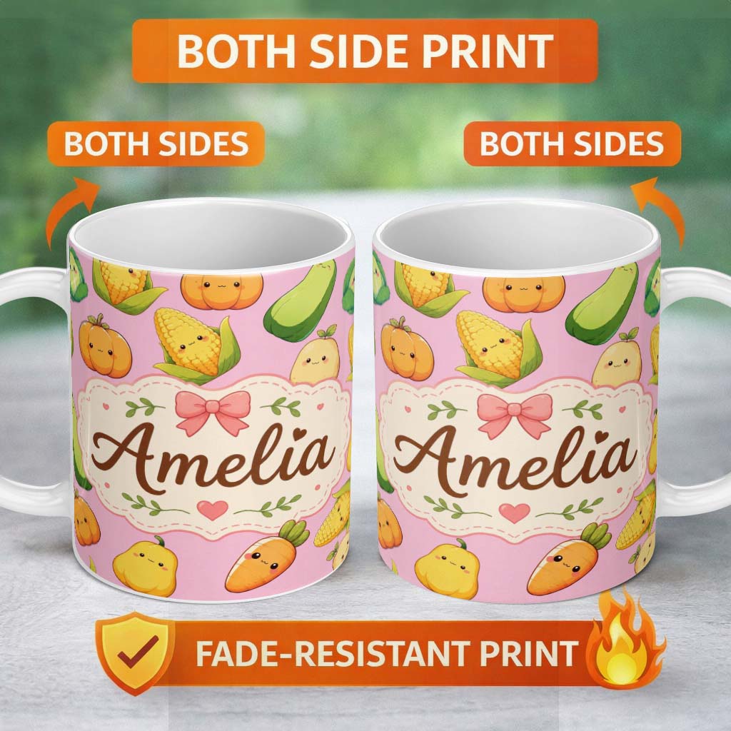 Personalized Custom Name Cute Kawaii Autumn Vegetables Corn Pumpkin Carrot Pink Seamless 11oz Ceramic Coffee Tea Mug White Large Handle