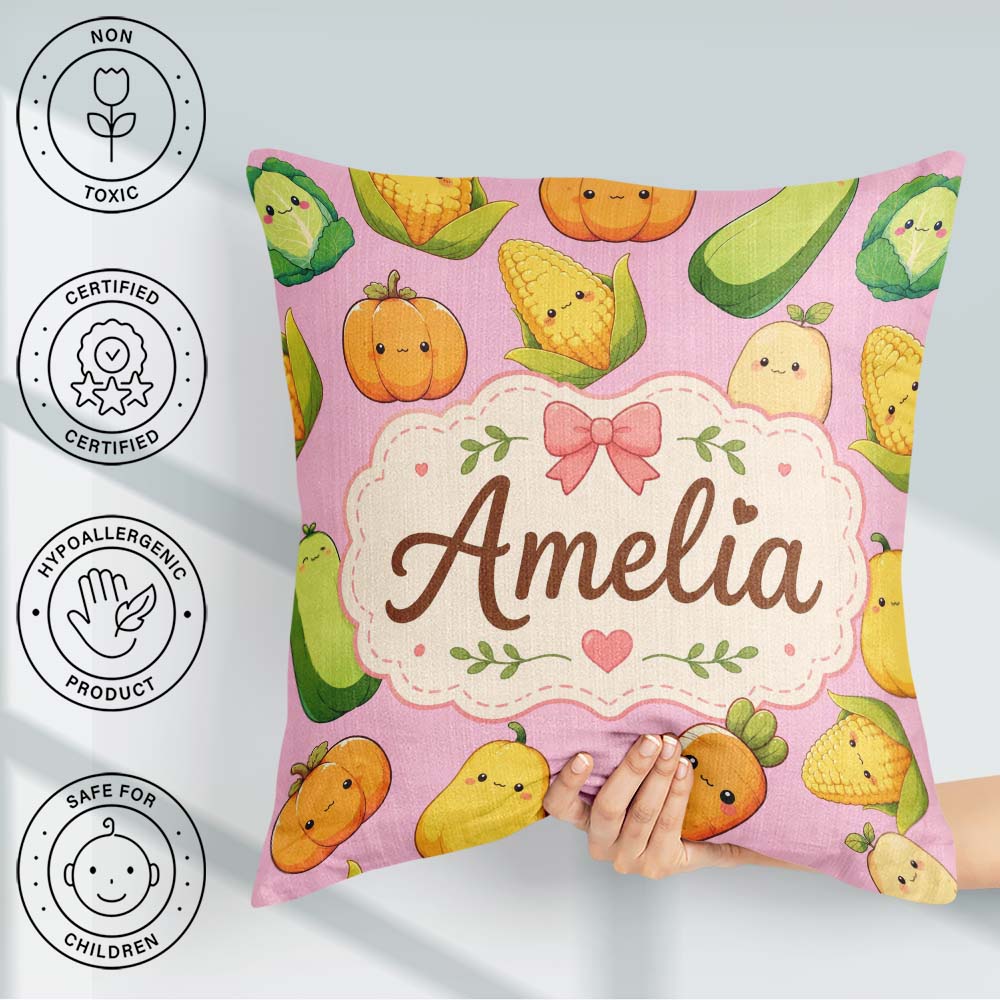 Custom Name Cute Kawaii Autumn Corn Pumpkin Carrot Pink Seamless Square Filled Cushion Throw Pillow Sofa Bed Home Decor Zip Washable UK Made