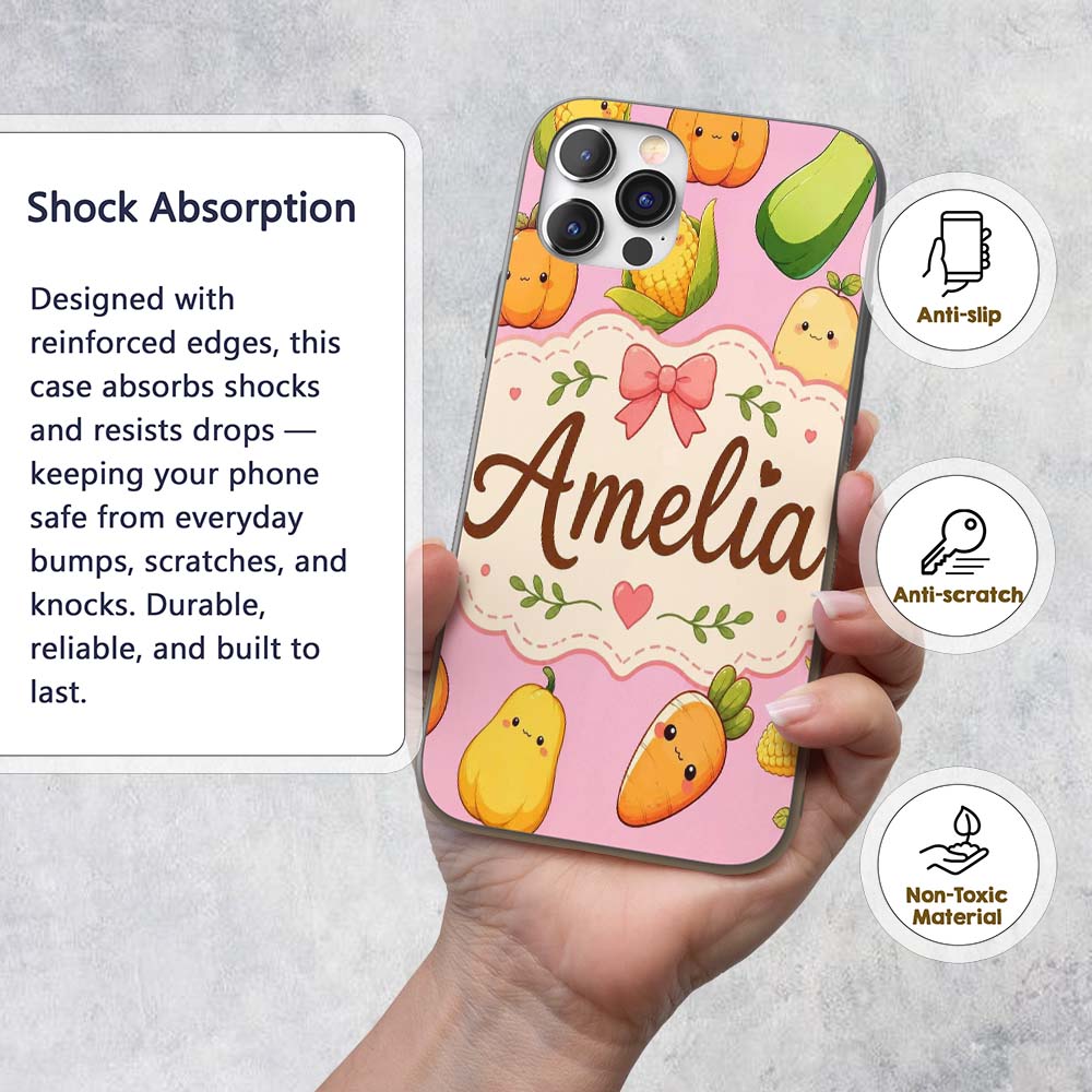 Cute Kawaii Autumn Vegetables Corn Pumpkin Carrot Custom Name Protective Phone Case Mobile Cover Durable Everyday Smartphone Shock Resistant