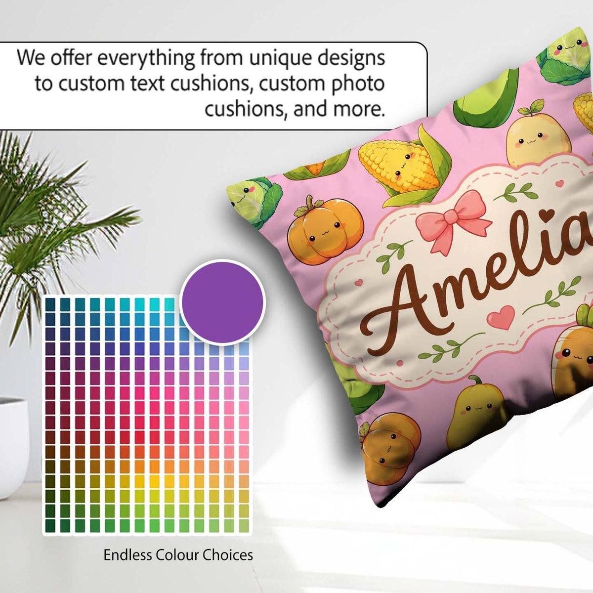 Custom Name Cute Kawaii Autumn Corn Pumpkin Carrot Pink Seamless Square Filled Cushion Throw Pillow Sofa Bed Home Decor Zip Washable UK Made