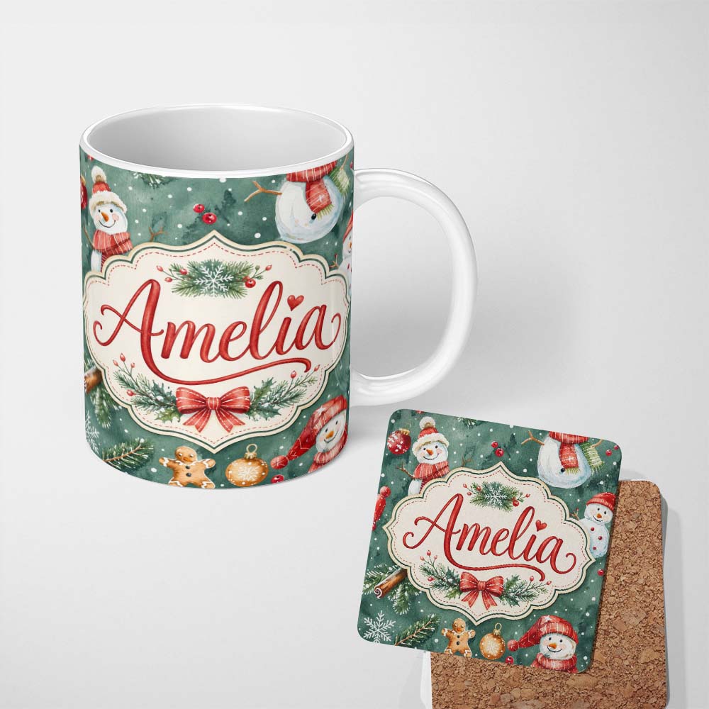 Personalized Custom Name Winter Snowman Gingerbread Cookie Holiday Green Seamless Pattern 11oz Ceramic Coffee Tea Mug White Large Handle