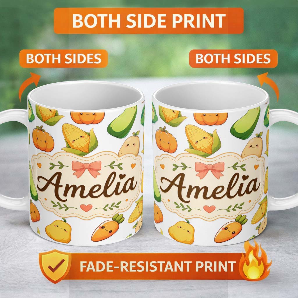 Personalized Custom Name Cute Kawaii Autumn Vegetables Corn Pumpkin Carrot Grey Seamless 11oz Ceramic Coffee Tea Mug White Large Handle