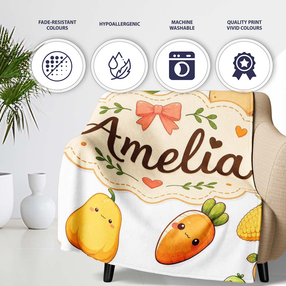 Cute Kawaii Autumn Vegetables Corn Pumpkin Carrot Grey Seamless Personalised Custom Name Super Soft Fleece Blanket Bed Sofa Throw