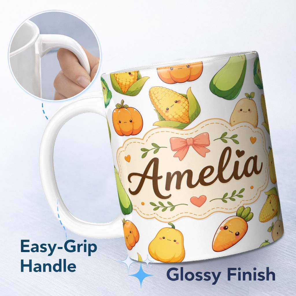 Personalized Custom Name Cute Kawaii Autumn Vegetables Corn Pumpkin Carrot Grey Seamless 11oz Ceramic Coffee Tea Mug White Large Handle