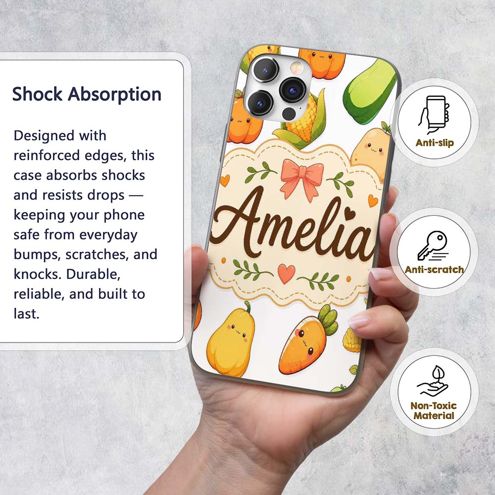 Cute Kawaii Autumn Vegetables Corn Pumpkin Carrot Custom Name Protective Phone Case Mobile Cover Durable Everyday Smartphone Shock Resistant