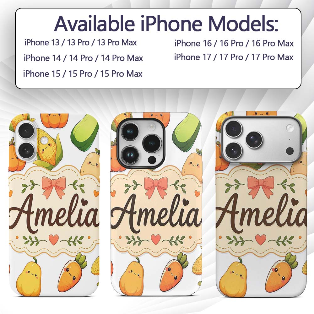 Cute Kawaii Autumn Vegetables Corn Pumpkin Carrot Custom Name Protective Phone Case Mobile Cover Durable Everyday Smartphone Shock Resistant