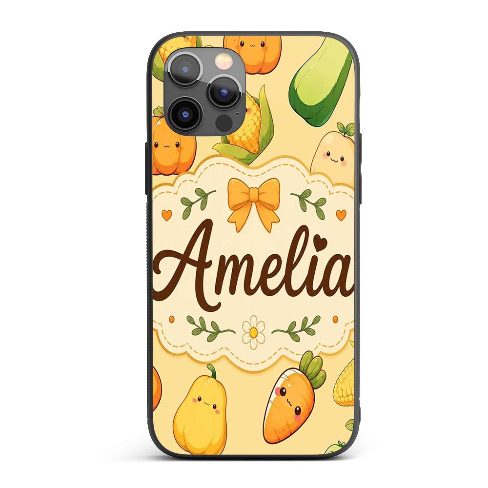 Cute Kawaii Autumn Vegetables Corn Pumpkin Carrot Custom Name Protective Phone Case Mobile Cover Durable Everyday Smartphone Shock Resistant