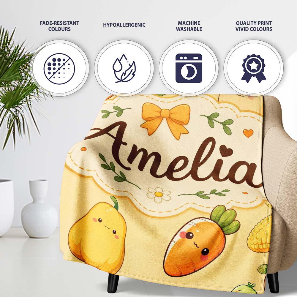 Cute Kawaii Autumn Vegetables Corn Pumpkin Carrot Yellow Seamless Personalised Custom Name Super Soft Fleece Blanket Bed Sofa Throw