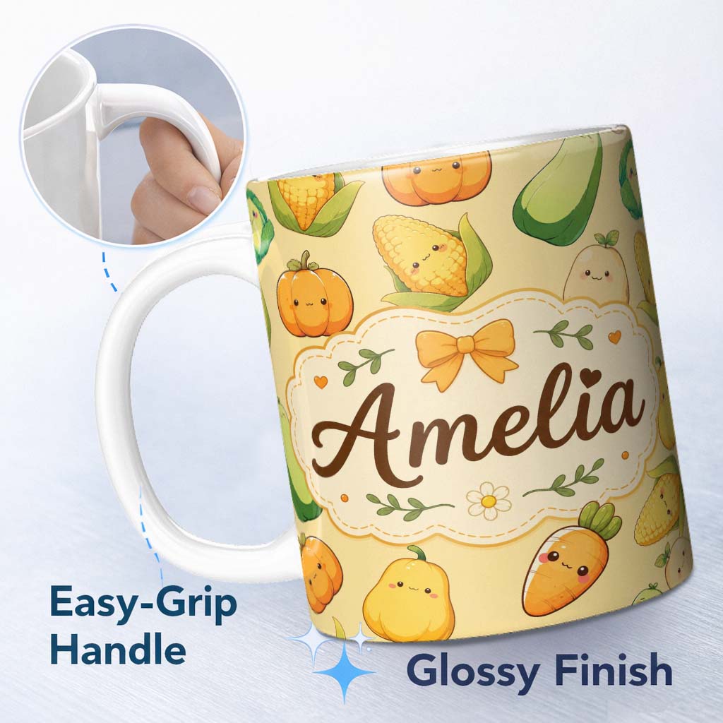 Personalized Custom Name Cute Kawaii Autumn Vegetables Corn Pumpkin Carrot Yellow Seamless 11oz Ceramic Coffee Tea Mug White Large Handle