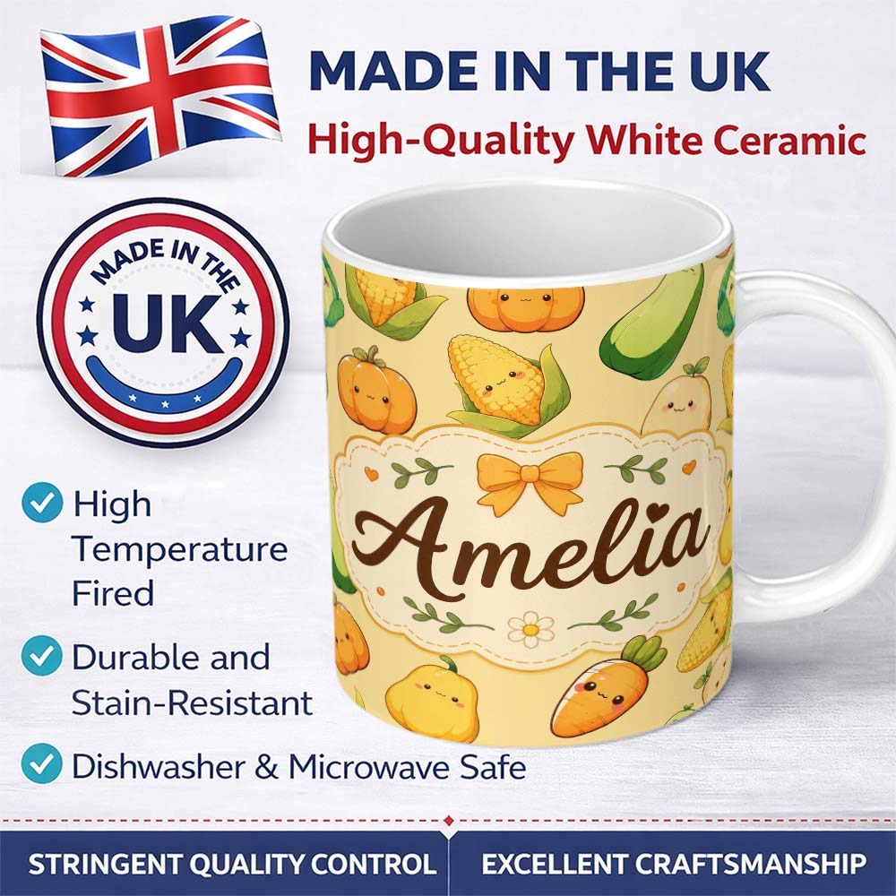 Personalized Custom Name Cute Kawaii Autumn Vegetables Corn Pumpkin Carrot Yellow Seamless 11oz Ceramic Coffee Tea Mug White Large Handle