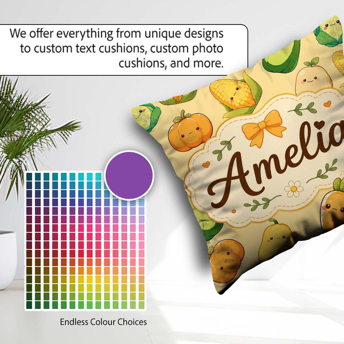 Custom Name Kawaii Autumn Vegetables Corn Carrot Yellow Seamless Square Filled Cushion Throw Pillow Sofa Bed Home Decor Zip Washable UK Made