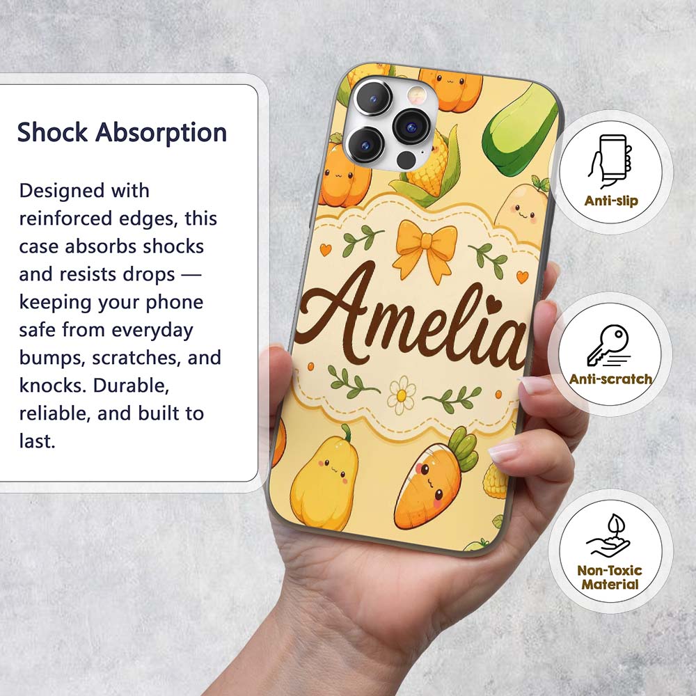 Cute Kawaii Autumn Vegetables Corn Pumpkin Carrot Custom Name Protective Phone Case Mobile Cover Durable Everyday Smartphone Shock Resistant
