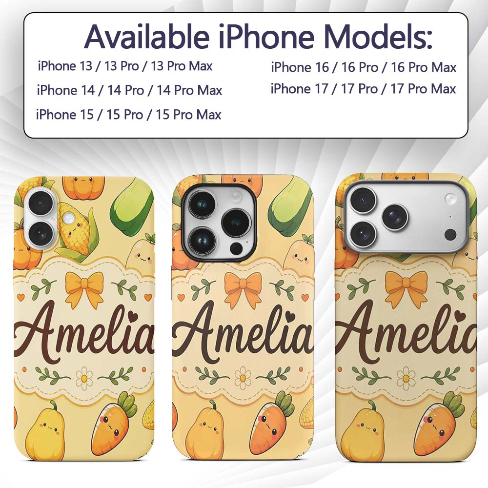 Cute Kawaii Autumn Vegetables Corn Pumpkin Carrot Custom Name Protective Phone Case Mobile Cover Durable Everyday Smartphone Shock Resistant