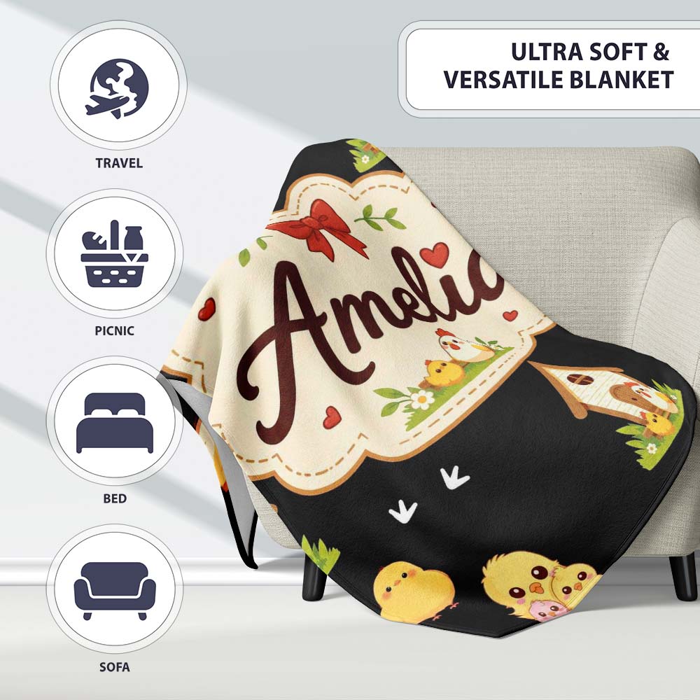 Cute Farm Chick Chicken Coop Arrows Light Seamless Pattern Name Personalised Custom Name Super Soft Fleece Blanket Bed Sofa Throw
