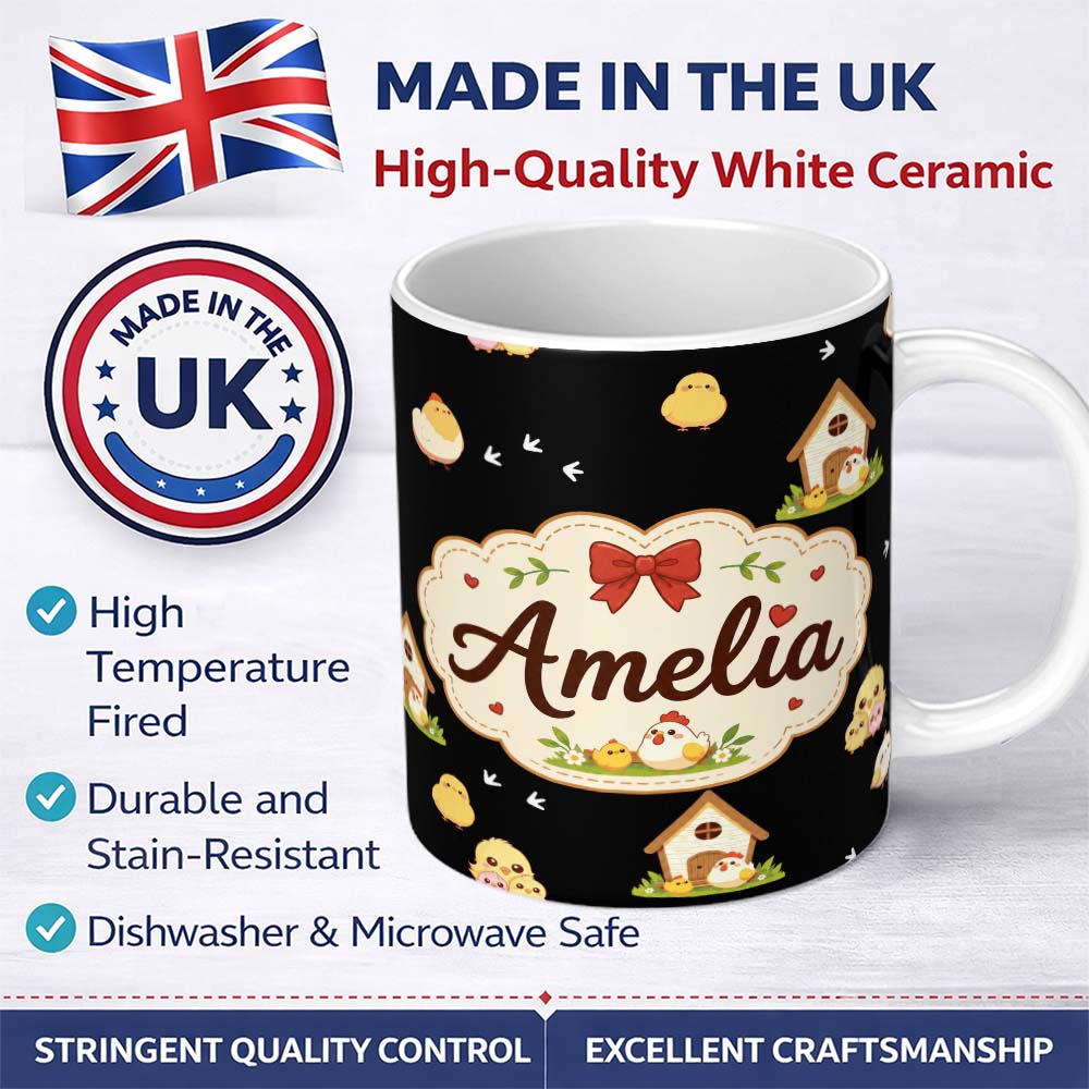 Personalized Custom Name Cute Farm Chick Chicken Coop Arrows Light Seamless Pattern Name 11oz Ceramic Coffee Tea Mug White Large Handle