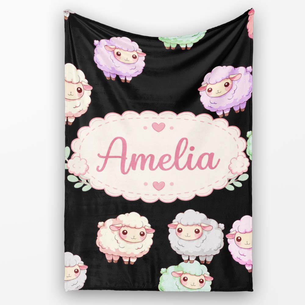 Cute Pastel Rainbow Sheep Lamb Seamless Pattern Name Unique Gift Personalised Custom Name Super Soft Fleece Blanket Bed Sofa Throw