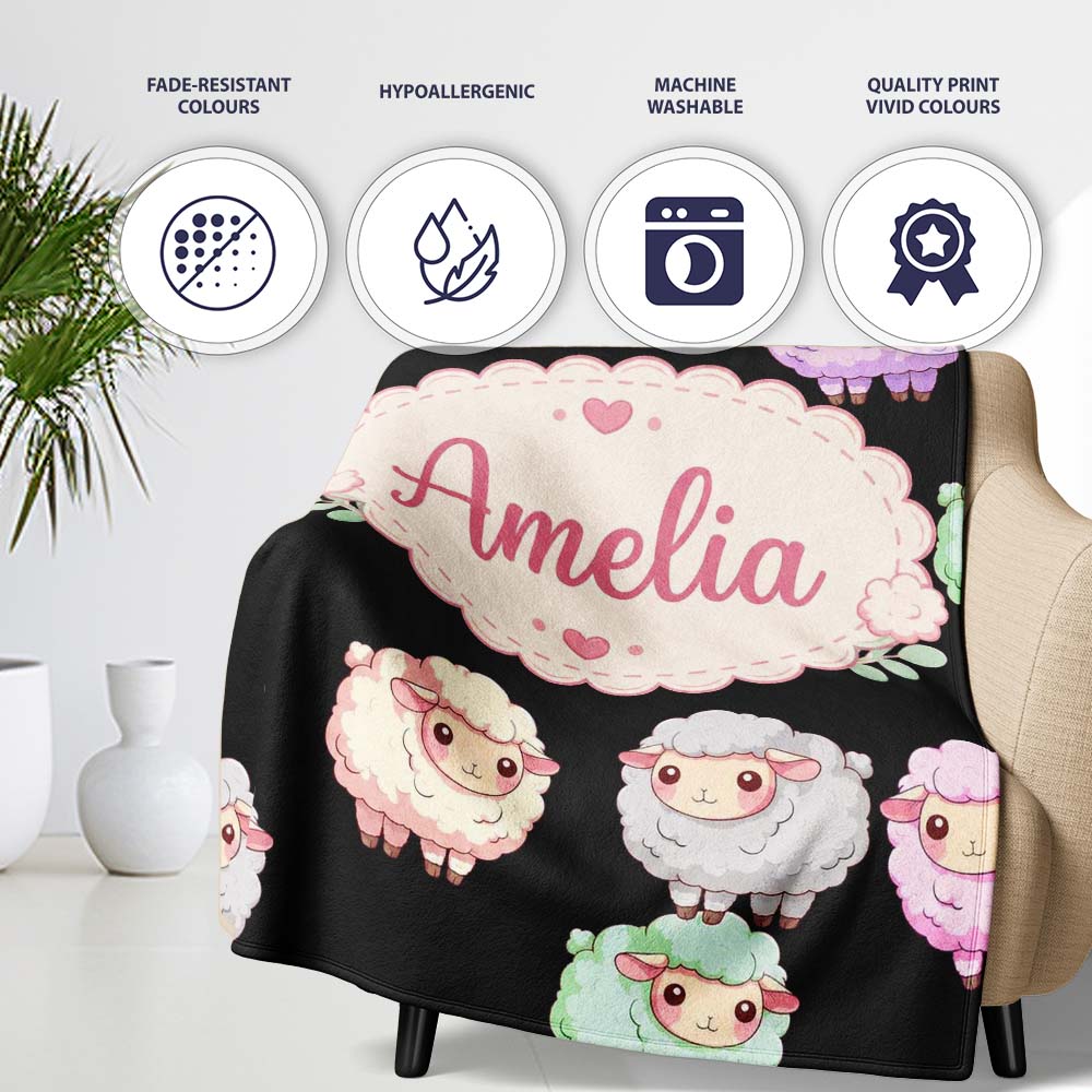 Cute Pastel Rainbow Sheep Lamb Seamless Pattern Name Unique Gift Personalised Custom Name Super Soft Fleece Blanket Bed Sofa Throw