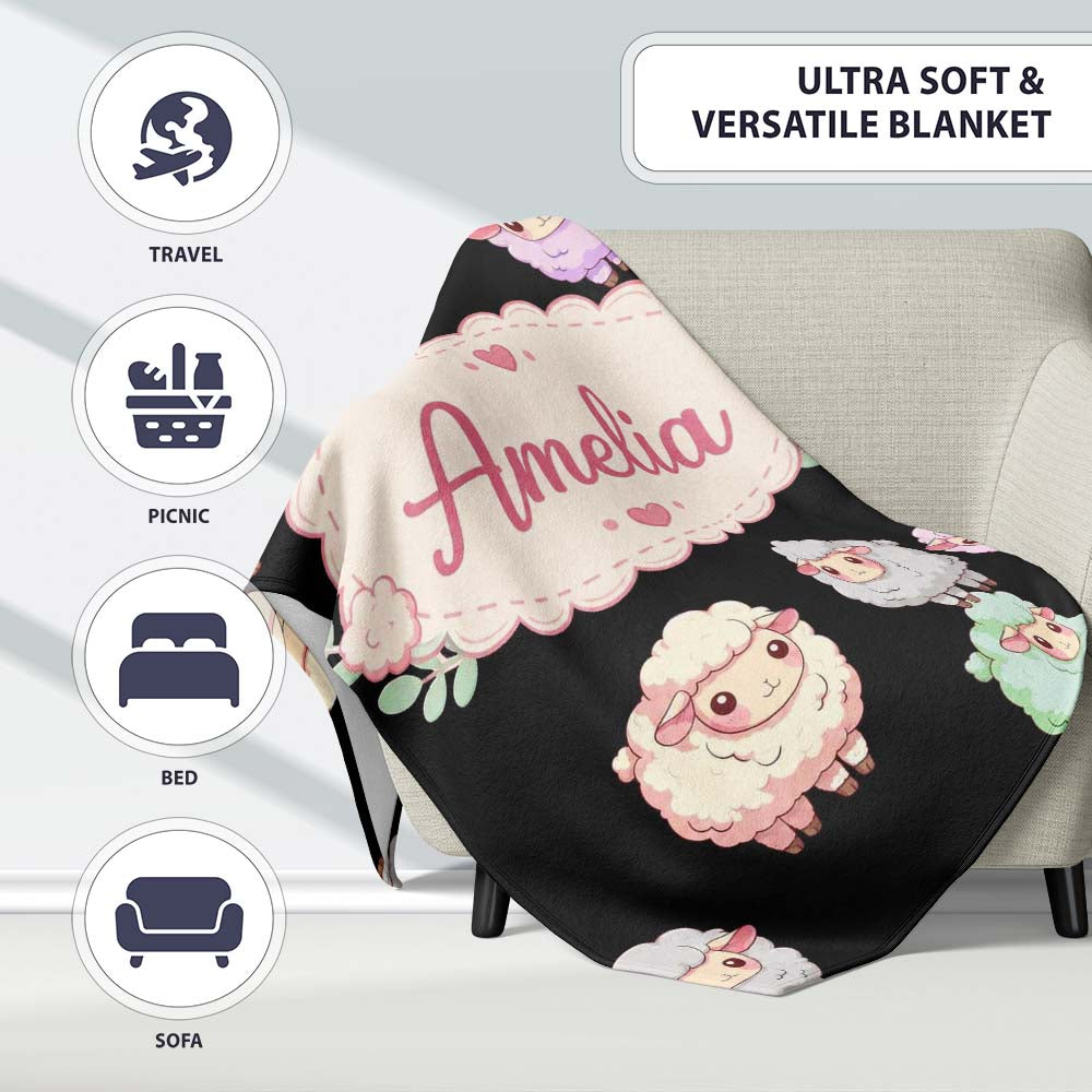 Cute Pastel Rainbow Sheep Lamb Seamless Pattern Name Unique Gift Personalised Custom Name Super Soft Fleece Blanket Bed Sofa Throw
