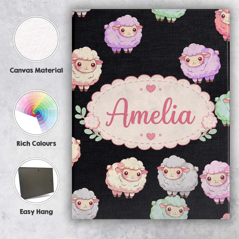 Personalised Name Cute Pastel Rainbow Sheep Custom Bespoke Interior Contemporary Canvas Wall Art Print Decor Picture Ready to Hang