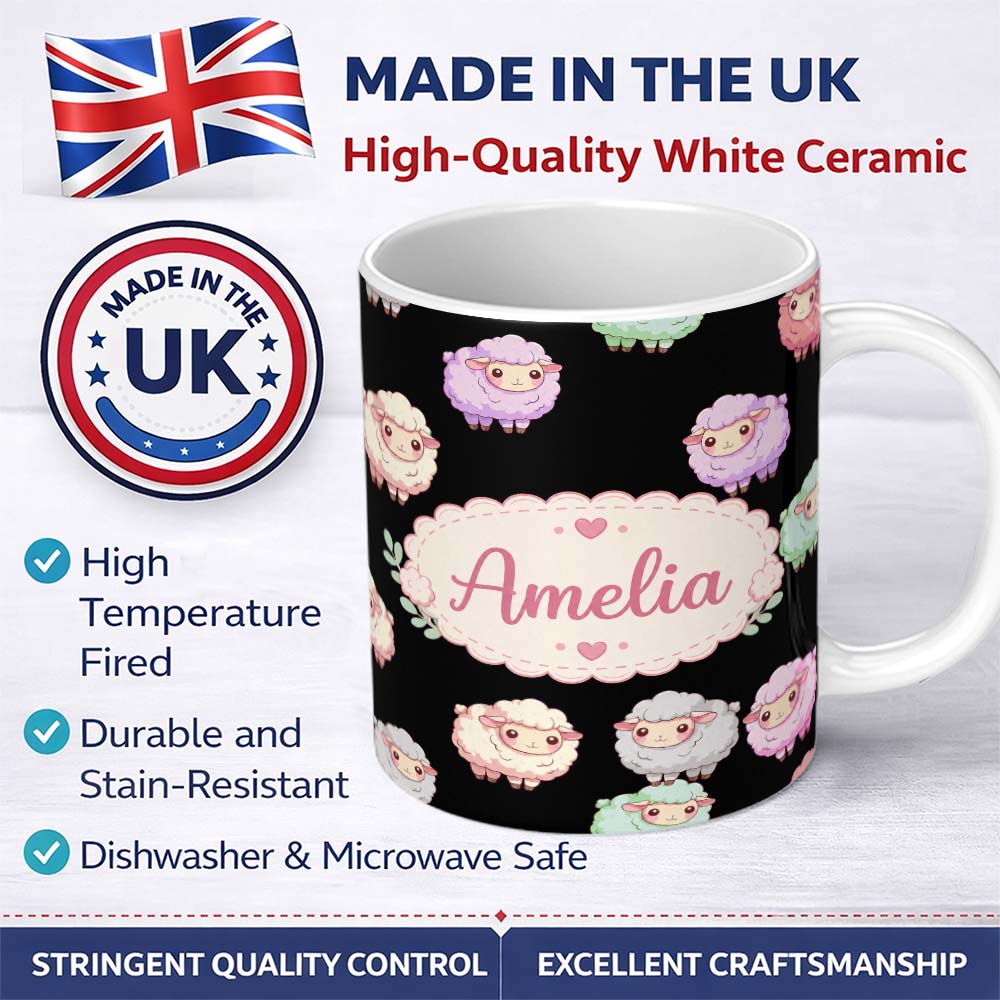 Personalized Custom Name Cute Pastel Rainbow Sheep Lamb Seamless Pattern Name Unique Gift 11oz Ceramic Coffee Tea Mug White Large Handle