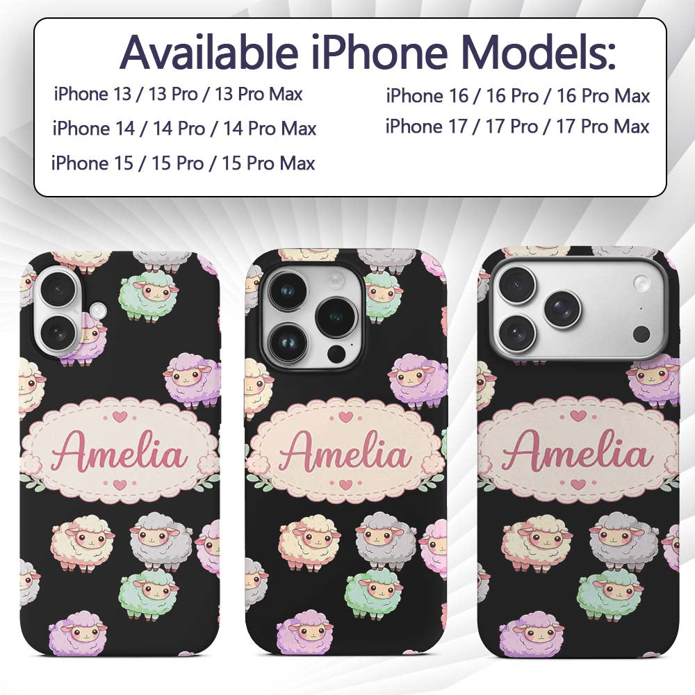 Cute Pastel Rainbow Sheep Lamb Seamless Pattern Custom Name Protective Phone Case Mobile Cover Durable Everyday Smartphone Shock Resistant