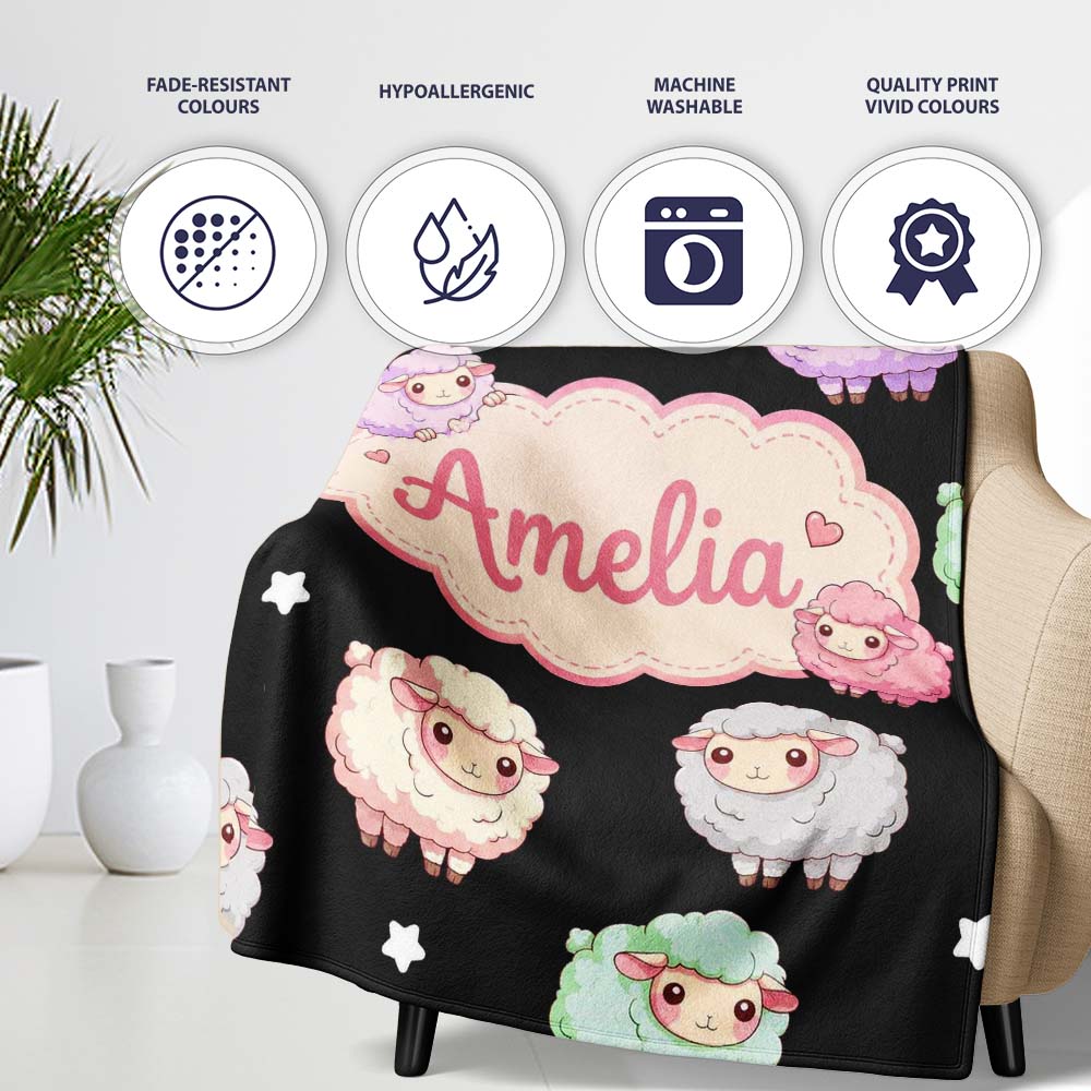 Cute Pastel Rainbow Sheep Lamb Soft Seamless Pattern Name Unique Personalised Custom Name Super Soft Fleece Blanket Bed Sofa Throw