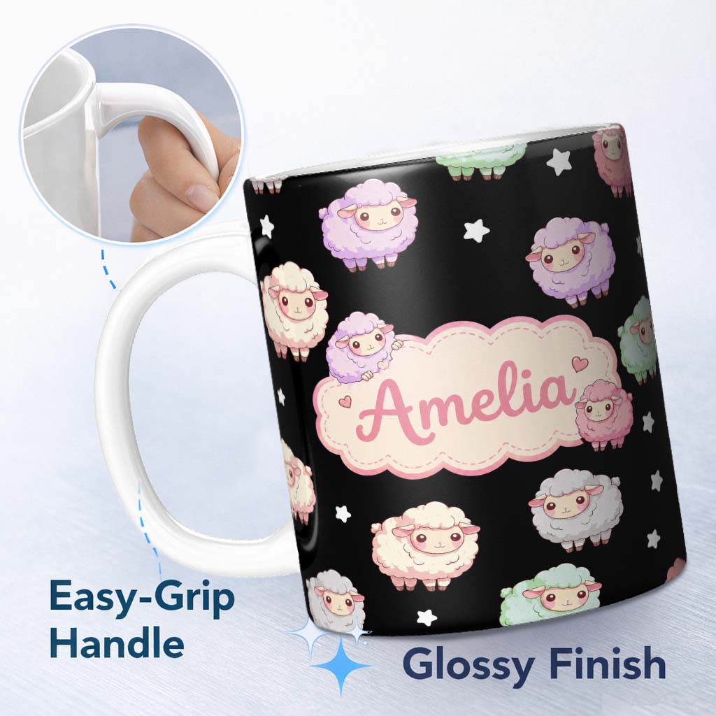 Personalized Custom Name Cute Pastel Rainbow Sheep Lamb Soft Seamless Pattern Name Unique 11oz Ceramic Coffee Tea Mug White Large Handle