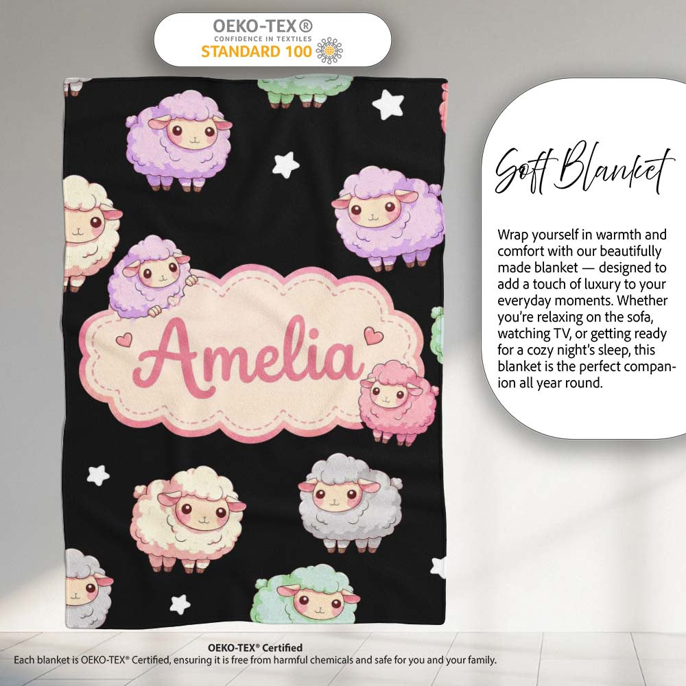 Cute Pastel Rainbow Sheep Lamb Soft Seamless Pattern Name Unique Personalised Custom Name Super Soft Fleece Blanket Bed Sofa Throw