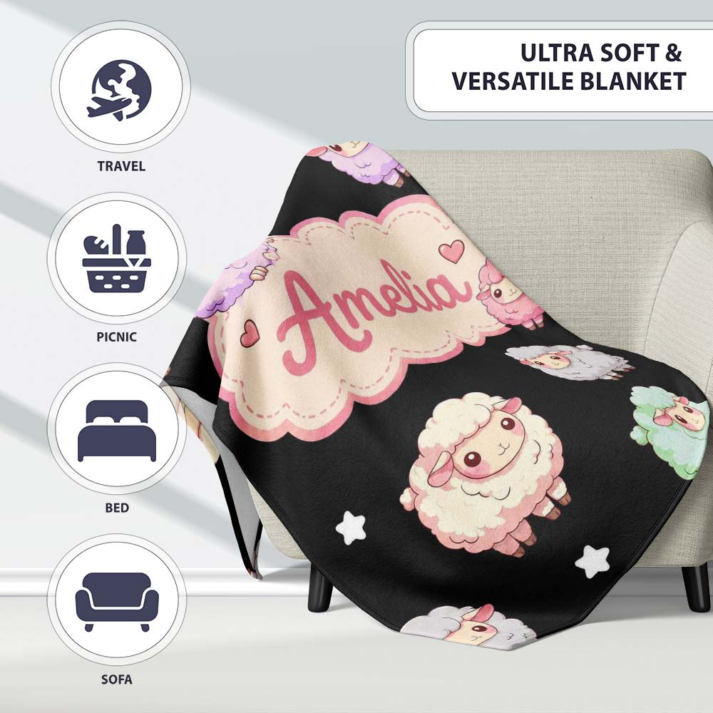 Cute Pastel Rainbow Sheep Lamb Soft Seamless Pattern Name Unique Personalised Custom Name Super Soft Fleece Blanket Bed Sofa Throw