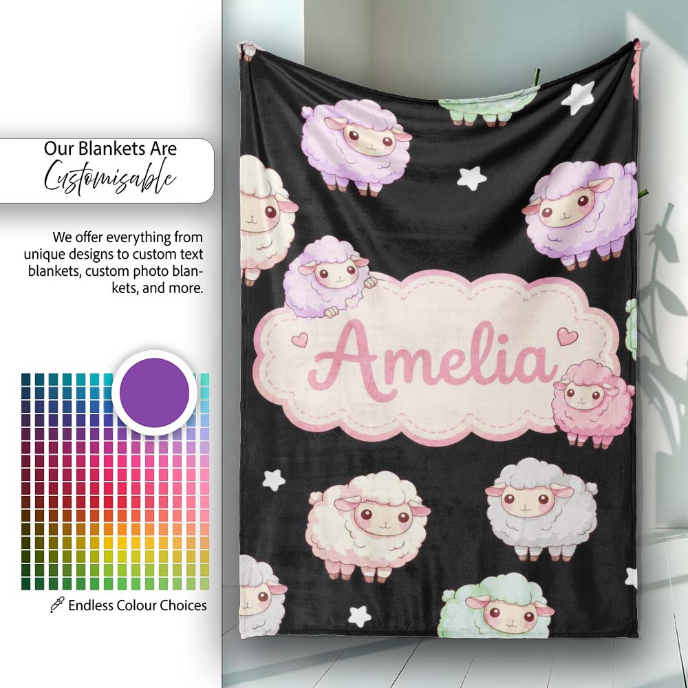Cute Pastel Rainbow Sheep Lamb Soft Seamless Pattern Name Unique Personalised Custom Name Super Soft Fleece Blanket Bed Sofa Throw