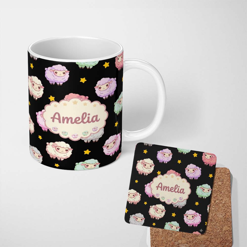 Personalized Custom Name Cute Pastel Rainbow Sheep Lamb Stars Seamless Pattern Name Unique 11oz Ceramic Coffee Tea Mug White Large Handle