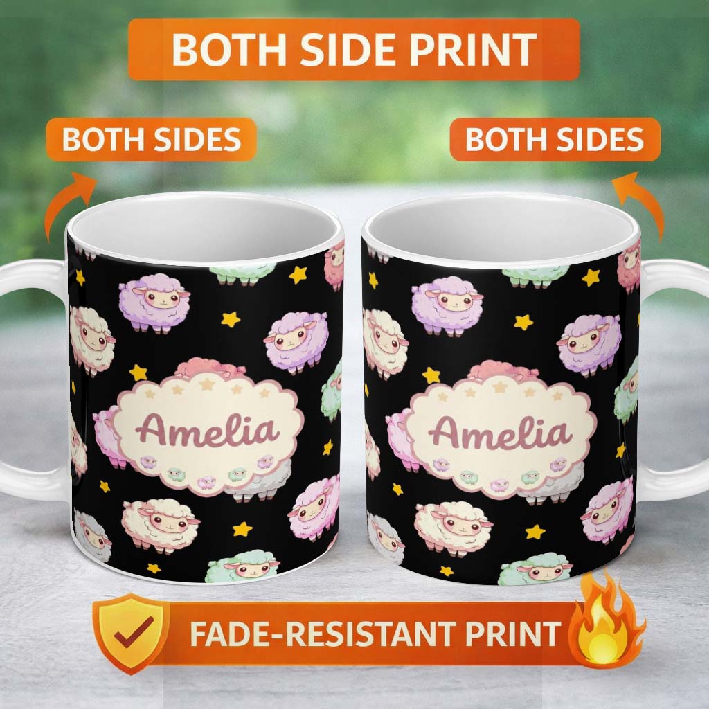 Personalized Custom Name Cute Pastel Rainbow Sheep Lamb Stars Seamless Pattern Name Unique 11oz Ceramic Coffee Tea Mug White Large Handle