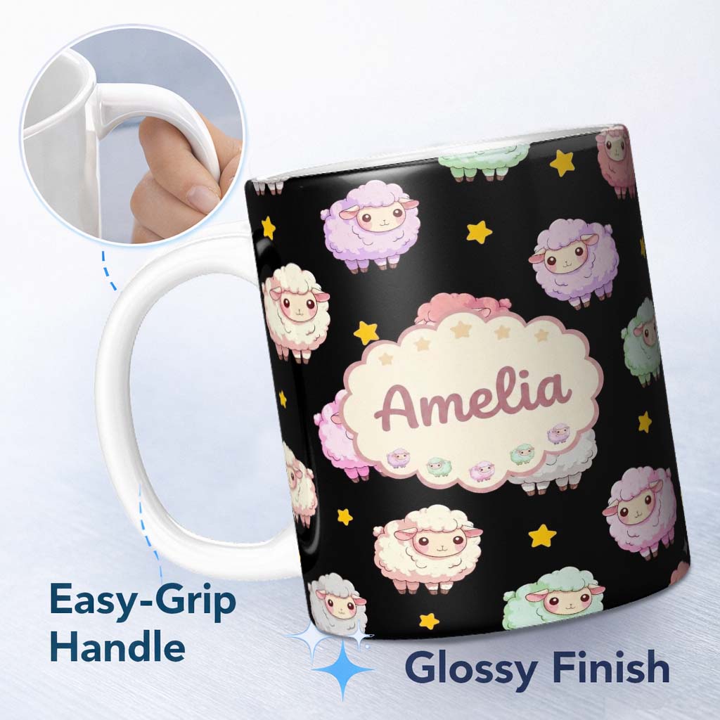 Personalized Custom Name Cute Pastel Rainbow Sheep Lamb Stars Seamless Pattern Name Unique 11oz Ceramic Coffee Tea Mug White Large Handle
