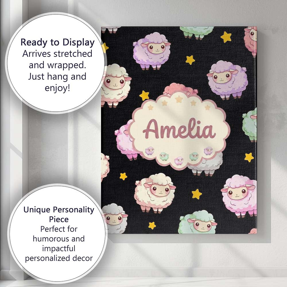 Personalised Name Cute Pastel Rainbow Sheep Custom Bespoke Interior Contemporary Canvas Wall Art Print Decor Picture Ready to Hang