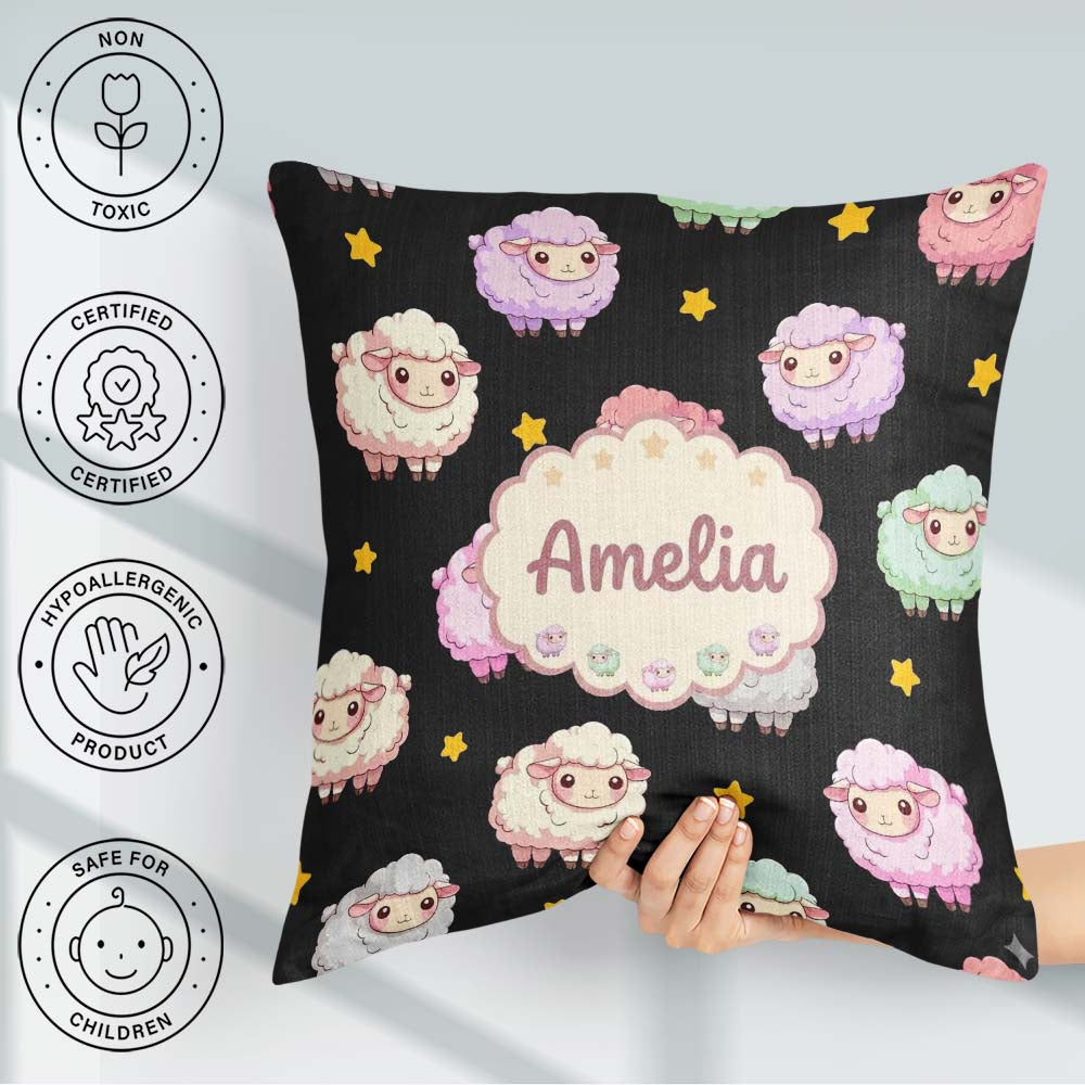 Custom Name Cute Pastel Rainbow Sheep Lamb Seamless Pattern Name Square Filled Cushion Throw Pillow Sofa Bed Home Decor Zip Washable UK Made