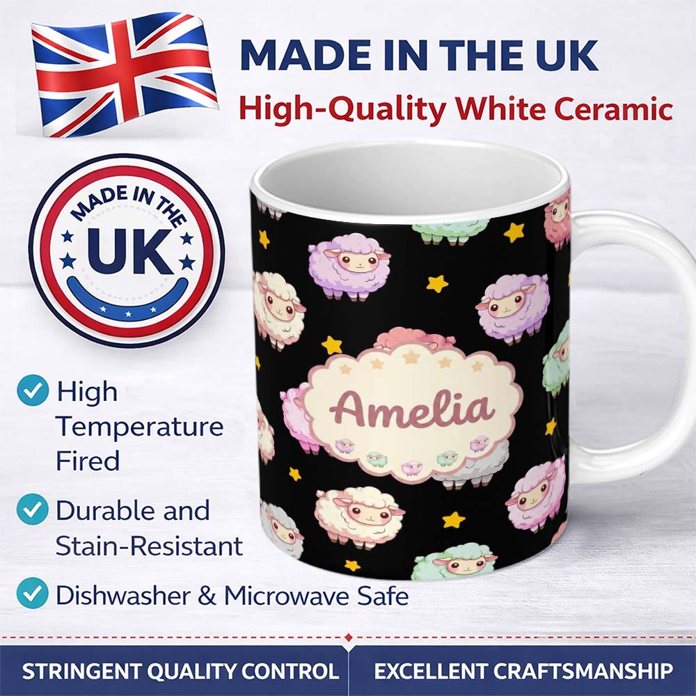 Personalized Custom Name Cute Pastel Rainbow Sheep Lamb Stars Seamless Pattern Name Unique 11oz Ceramic Coffee Tea Mug White Large Handle