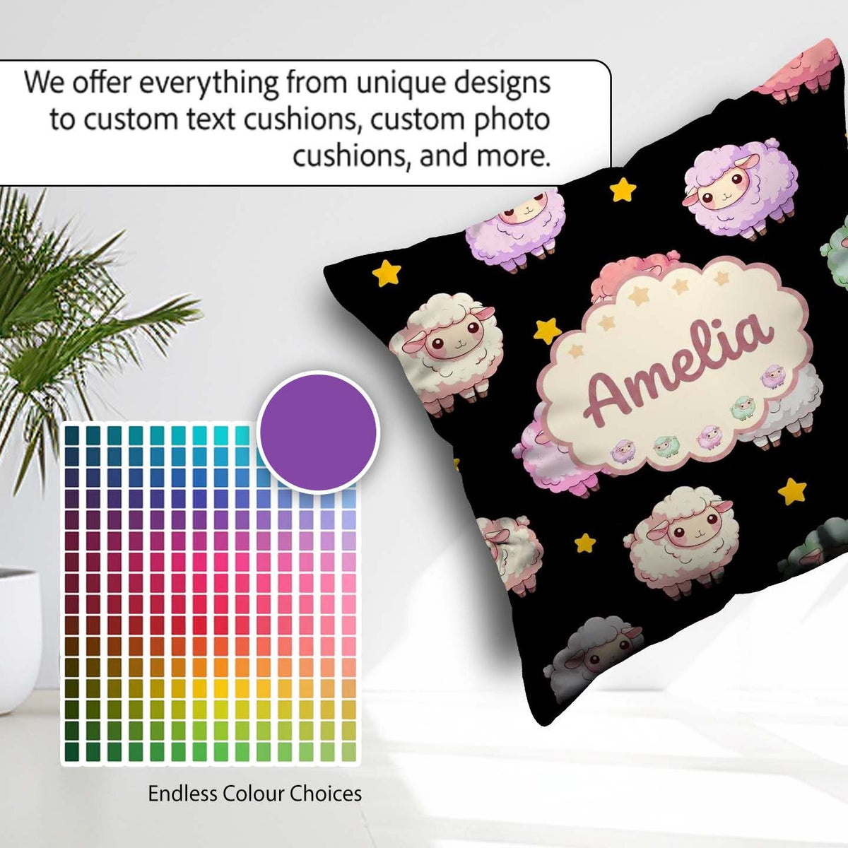 Custom Name Cute Pastel Rainbow Sheep Lamb Seamless Pattern Name Square Filled Cushion Throw Pillow Sofa Bed Home Decor Zip Washable UK Made