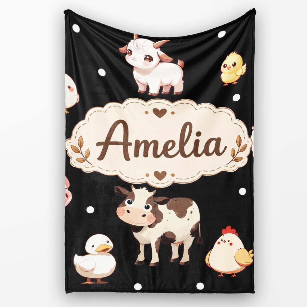 Cute Farm Animals Cow Pig Goat Chicken Duck Sheep Seamless Pattern Personalised Custom Name Super Soft Fleece Blanket Bed Sofa Throw