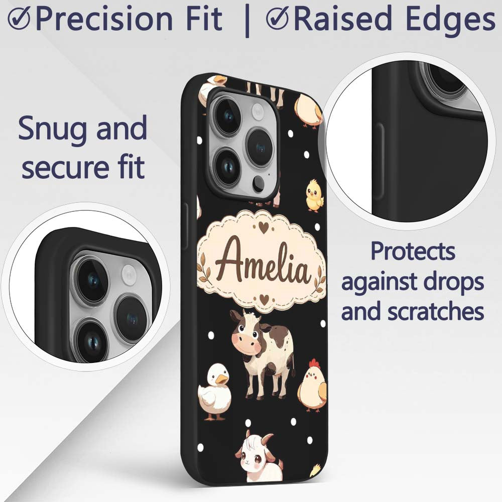 Cute Farm Animals Cow Pig Goat Chicken Duck Sheep Custom Name Protective Phone Case Mobile Cover Durable Everyday Smartphone Shock Resistant