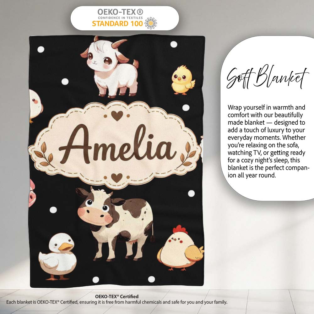 Cute Farm Animals Cow Pig Goat Chicken Duck Sheep Seamless Pattern Personalised Custom Name Super Soft Fleece Blanket Bed Sofa Throw