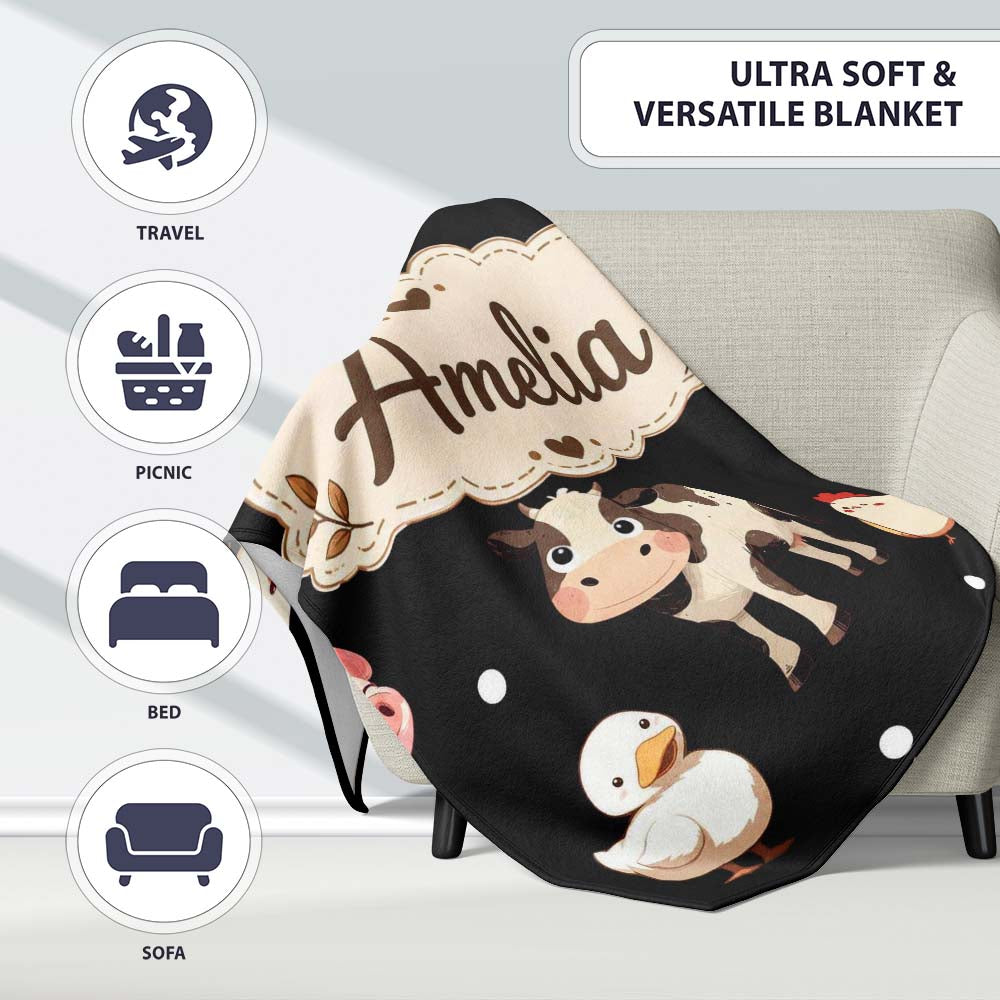 Cute Farm Animals Cow Pig Goat Chicken Duck Sheep Seamless Pattern Personalised Custom Name Super Soft Fleece Blanket Bed Sofa Throw