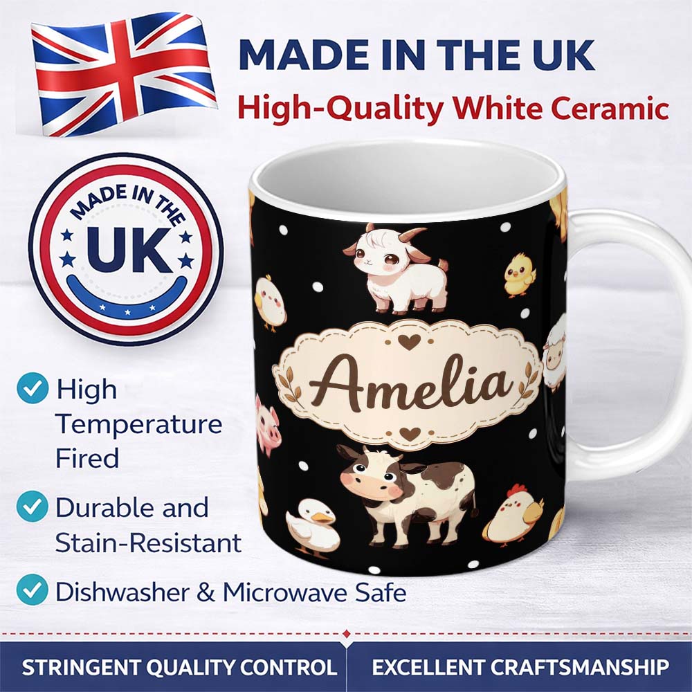 Personalized Custom Name Cute Farm Animals Cow Pig Goat Chicken Duck Sheep Seamless Pattern 11oz Ceramic Coffee Tea Mug White Large Handle
