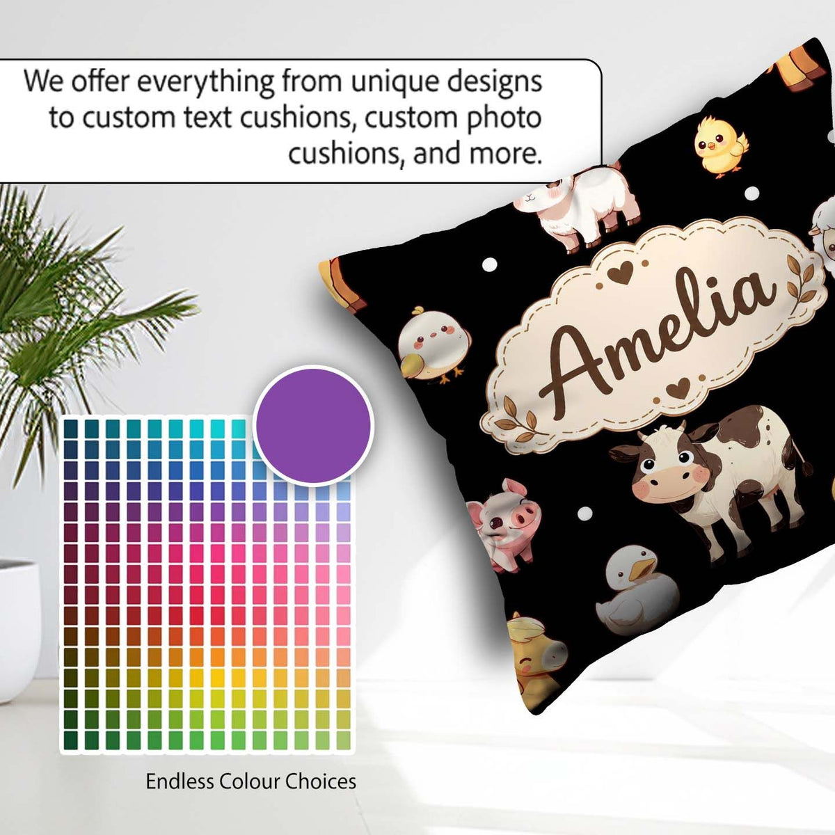 Custom Name Farm Animals Cow Pig Goat Chicken Duck Sheep Pattern Square Filled Cushion Throw Pillow Sofa Bed Home Decor Zip Washable UK Made