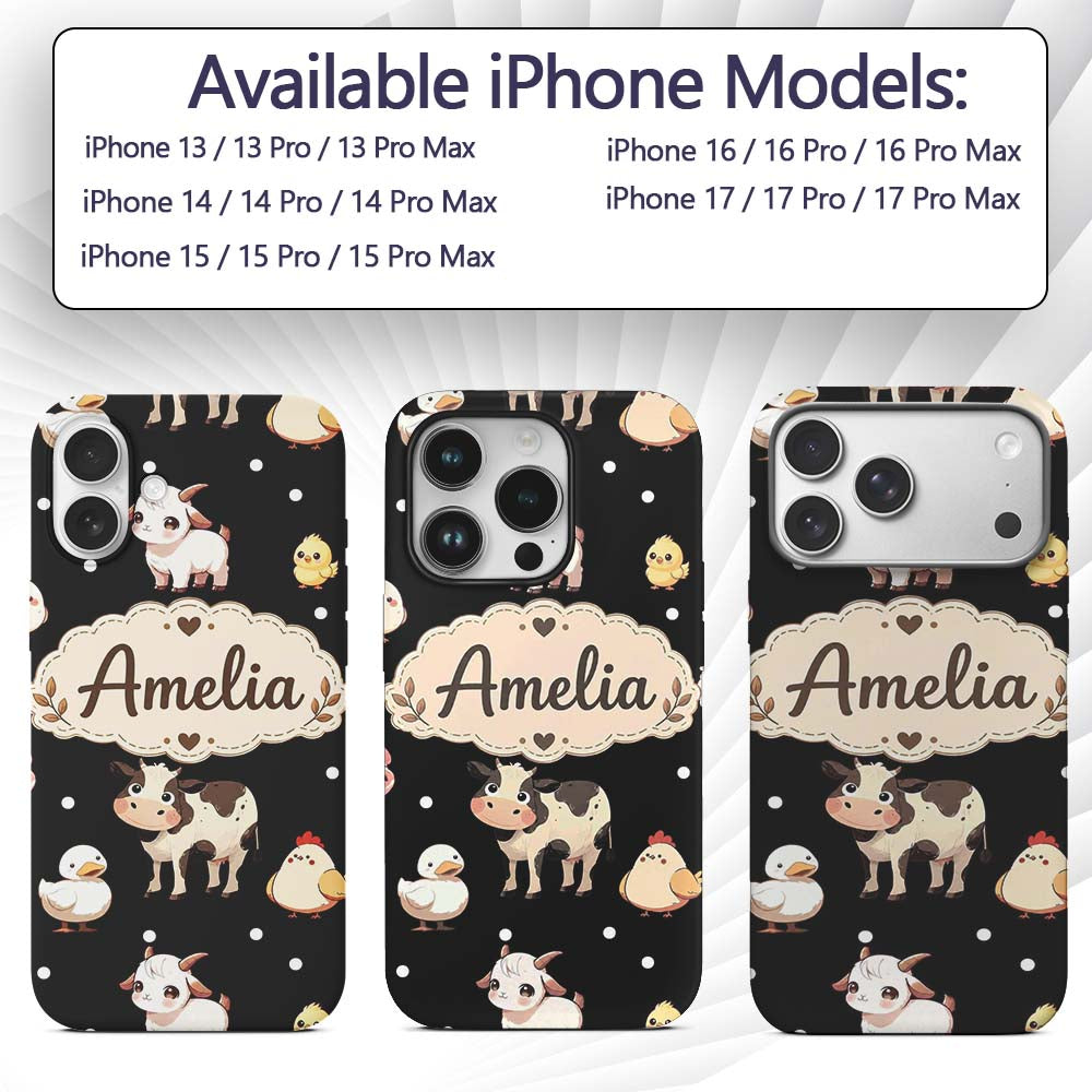 Cute Farm Animals Cow Pig Goat Chicken Duck Sheep Custom Name Protective Phone Case Mobile Cover Durable Everyday Smartphone Shock Resistant