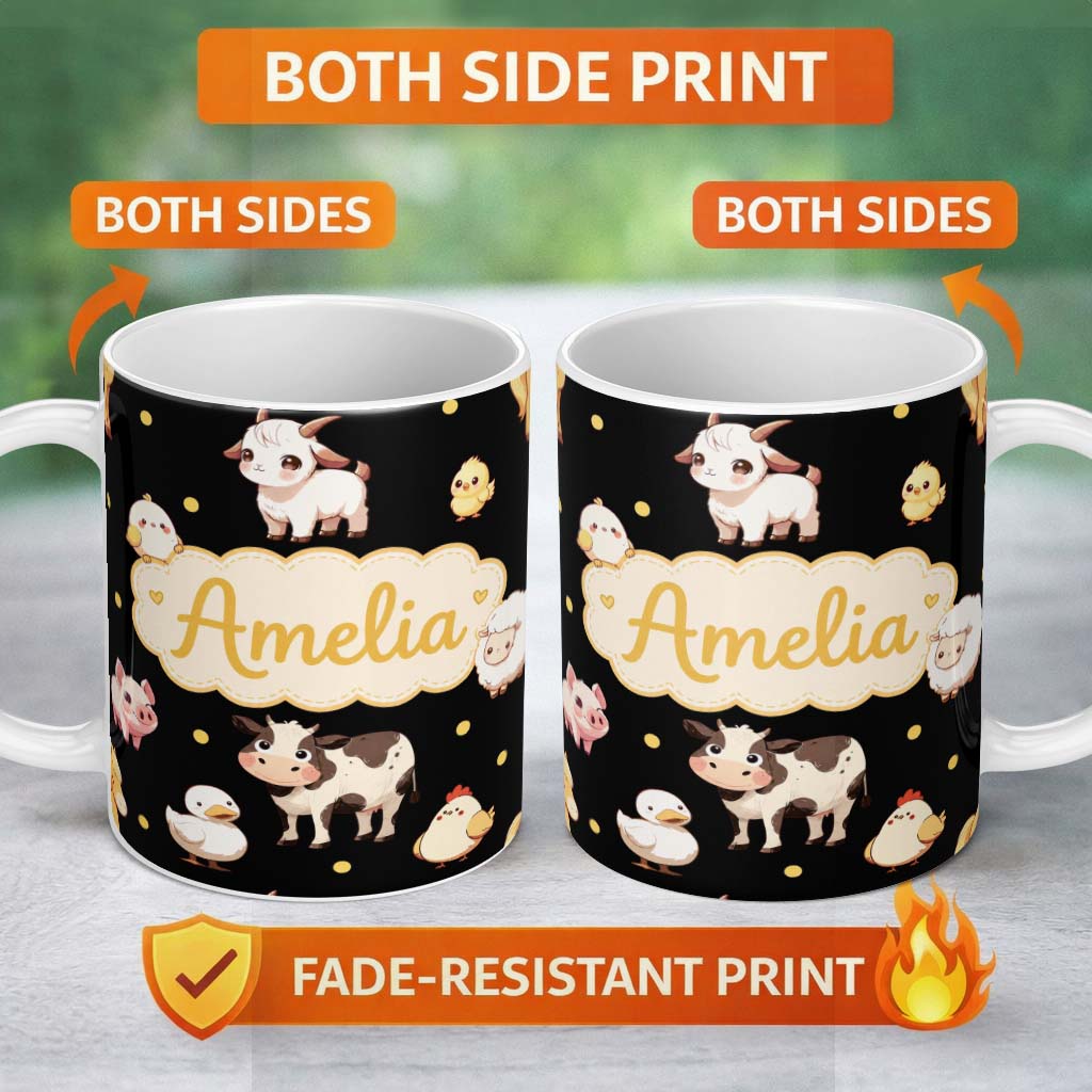 Personalized Custom Name Cute Farm Animals Cow Pig Goat Chicken Duck Sheep Yellow Dots 11oz Ceramic Coffee Tea Mug White Large Handle