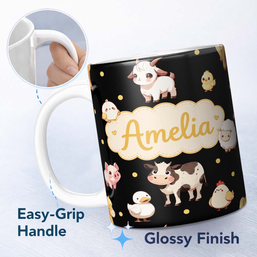 Personalized Custom Name Cute Farm Animals Cow Pig Goat Chicken Duck Sheep Yellow Dots 11oz Ceramic Coffee Tea Mug White Large Handle