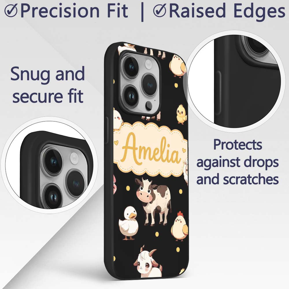 Cute Farm Animals Cow Pig Goat Chicken Duck Sheep Custom Name Protective Phone Case Mobile Cover Durable Everyday Smartphone Shock Resistant