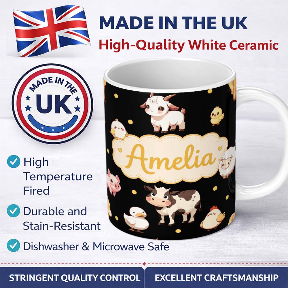 Personalized Custom Name Cute Farm Animals Cow Pig Goat Chicken Duck Sheep Yellow Dots 11oz Ceramic Coffee Tea Mug White Large Handle